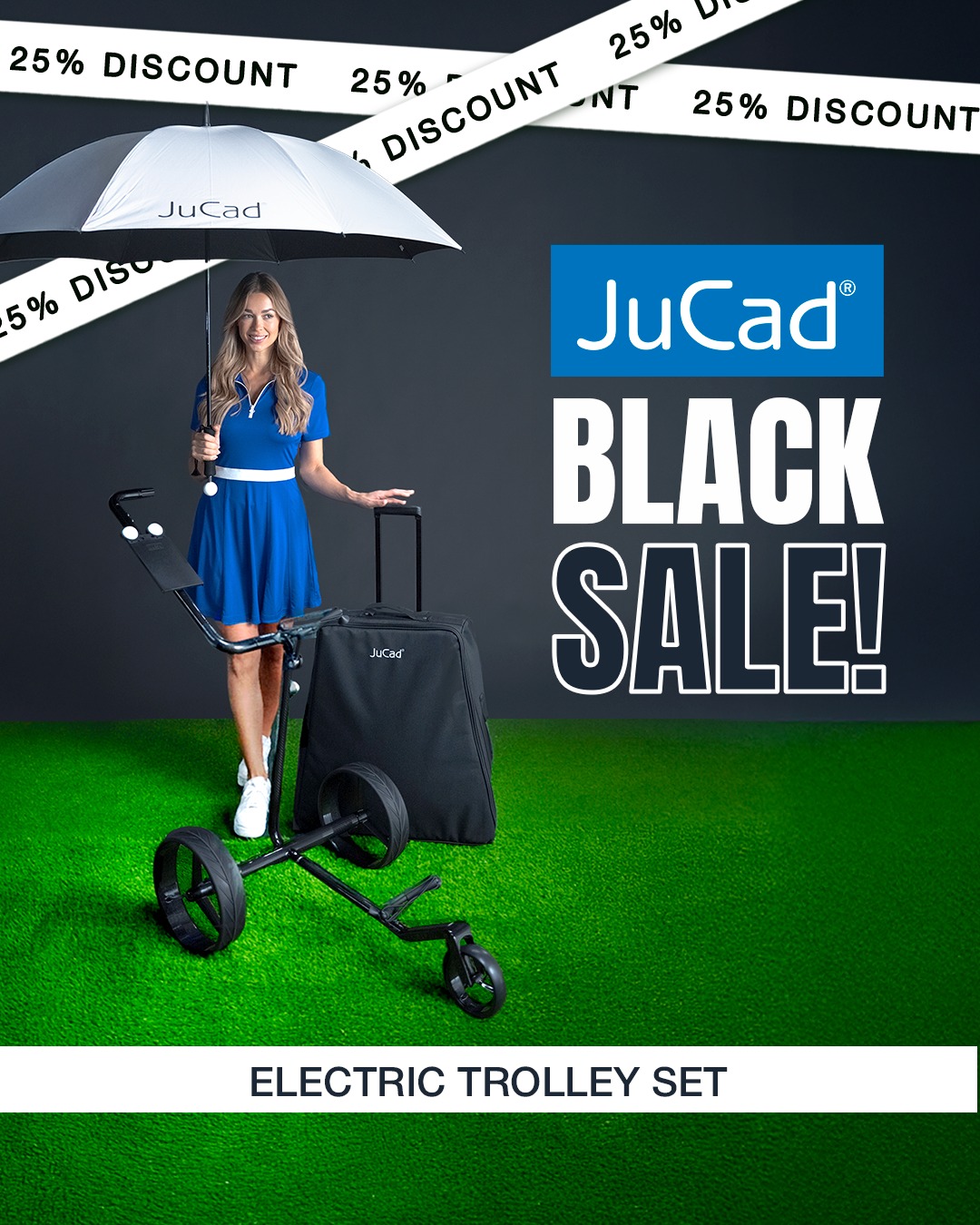 Attention, golf fans:

Get 25% OFF the JuCad Carbon Drive + accessories 

This ultra-light carbon electric trolley stands for pure elegance, power and high-tech:

✔ electronic parking brake on both sides
✔ Simple operation with stepless rotary speed control
✔ Automatic preset distance control
✔ Mini packing size – fits in any car trunk
✔ And a battery that lasts up to 45 holes

Plus, you get these for free:

✔ The matching travel bag with wheels
✔ A scorecard holder
✔ An original JuCad golf umbrella

Hurry: Only until December 2nd – and only while supplies last!

Get yours now and take your golf experience to the next level.

#JuCad #BlackSale #BlackSaleoffer #Blackfriday