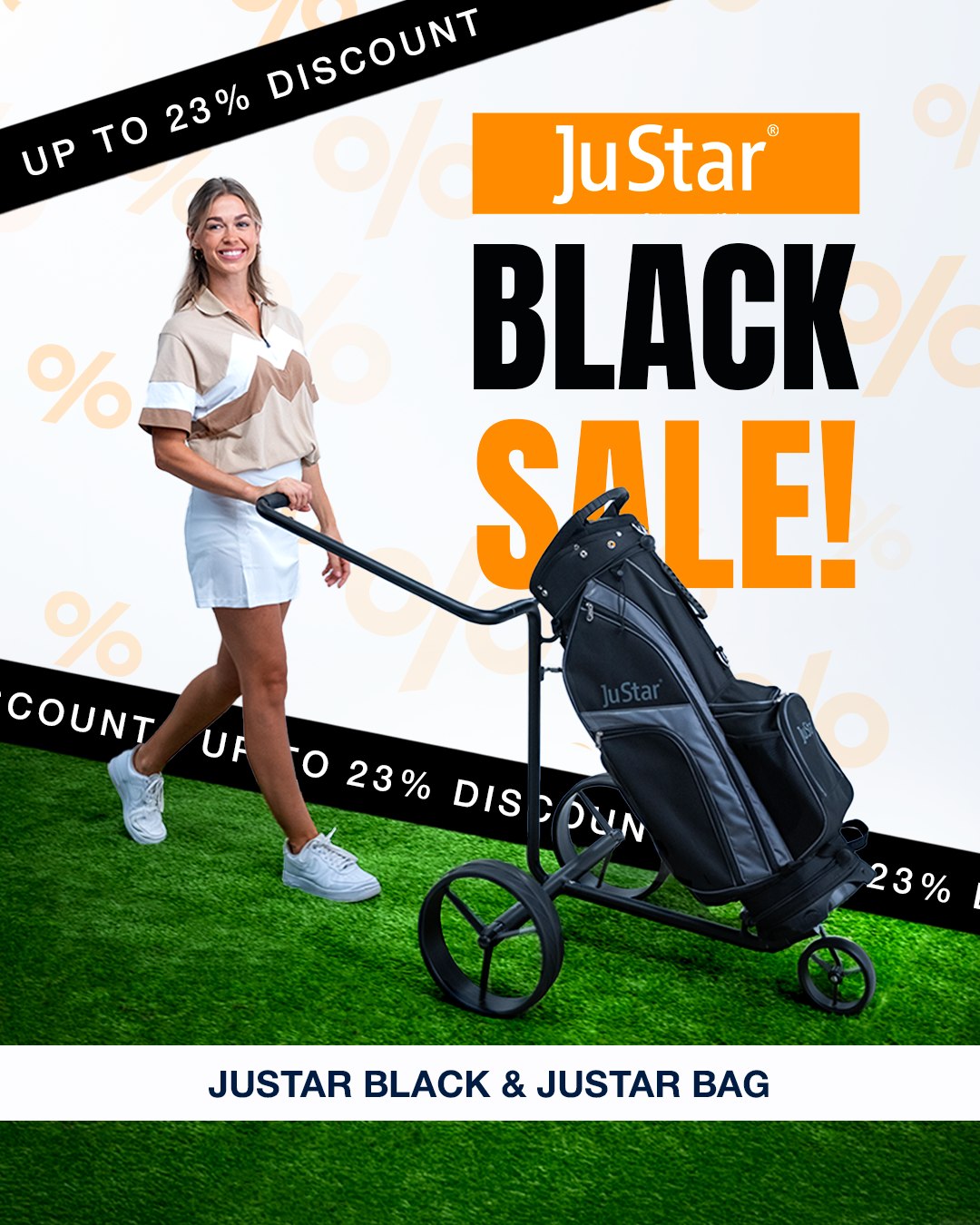 Get your JuStar Black now – 15% off during the Black Sale!

The JuStar Black impresses with:

✔ An extremely stable lightweight frame
✔ Two powerful, quiet motors – perfectly integrated into the axle
✔ Intuitive control with a stepless rotary speed control
✔ Height-adjustable handlebar for ergonomic driving
✔ A lithium battery with power for up to 45 holes

Black. Strong. Stylish.

Only until December 2nd – and only while supplies last.

Now&#039;s the time to save and play in style.

And also currently on offer:

The sporty JuStar Bag with 23% discount!

#JuStar #BlackSale #BlackSaleOffer #BlackFriday