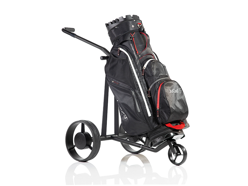 JuCad Bag Manager Aquata black-red-grey with with sample trolley Carbon Silence 2.0. Golf trolley is not included in the scope of delivery and has to be ordered separatly.