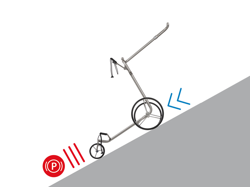 Le modèle JuCad Carbon Travel Special 2.0 est équipé d‘un double frein de parking électronique qui immobilise votre chariot sur des terrains escarpés.