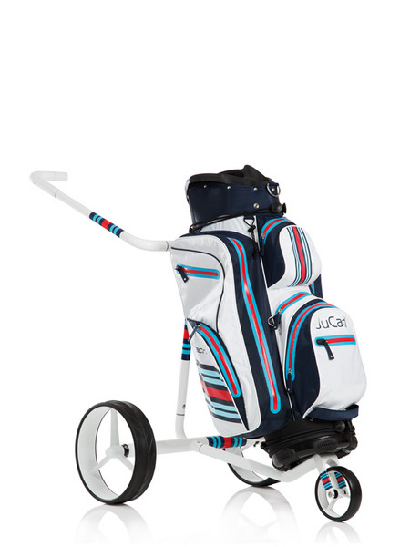 Chariot JuCad Racing 2.0 avec sac Aquastop bleu-blanc-rouge, design Racing. Sac de golf n'est pas incluse et doit être commandé séparément. 