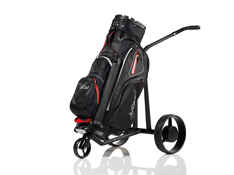 JuCad Bag Manager Aquata black-red-grey with with sample trolley Carbon Silence 2.0. Golf trolley is not included in the scope of delivery and has to be ordered separatly.