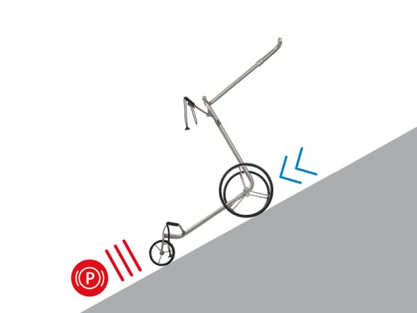 Le modèle JuCad drive SL Travel 2.0 est équipé d‘un double frein de parking électronique qui immobilise votre chariot sur des terrains escarpés. 