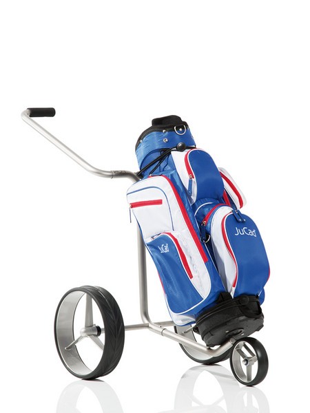 Chariot JuCad Junior avec sac Junior blanc-bleu-rouge. Sac de golf n'est pas incluse et doit être commandé séparément. 
