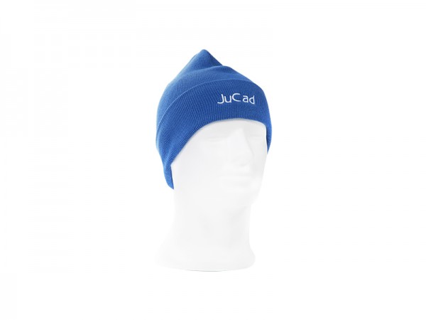 JuCad Strickmütze blau Logo weiß