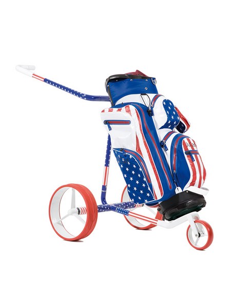 Chariot JuCad USA 2.0 avec sac Aquastop blanc-bleu-rouge, design USA. Sac de golf n'est pas incluse et doit être commandé séparément. 