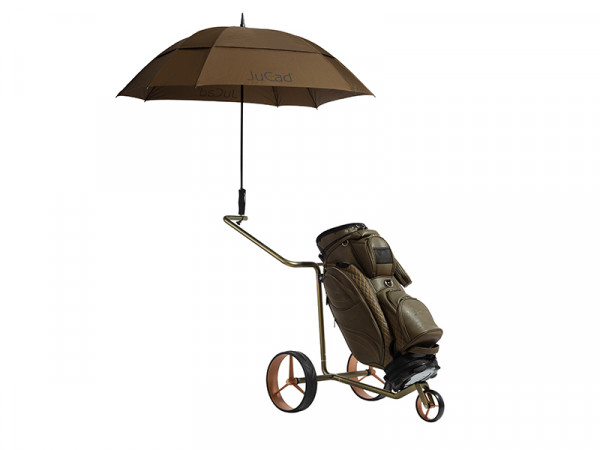 JuCad umbrella windproof oliv/pin with sample trolley verde and bag Style dark green. Trolley and golf bag are not included in the scope of delivery and has to be ordered separatly.